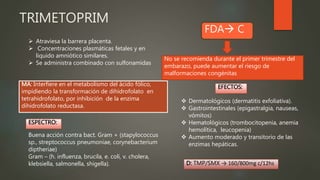 TRIMETOPRIM
 Atraviesa la barrera placenta.
 Concentraciones plasmáticas fetales y en
liquido amniótico similares.
 Se administra combinado con sulfonamidas
No se recomienda durante el primer trimestre del
embarazo, puede aumentar el riesgo de
malformaciones congénitas
FDA C
MA: Interfiere en el metabolismo del ácido fólico,
impidiendo la transformación de dihidrofolato en
tetrahidrofolato, por inhibición de la enzima
dihidrofolato reductasa.
EFECTOS:
ESPECTRO:
Buena acción contra bact. Gram + (stapylococcus
sp., streptococcus pneumoniae, corynebacterium
diptheriae)
Gram – (h. influenza, brucila, e. coli, v. cholera,
klebsiella, salmonella, shigella).
 Dermatológicos (dermatitis exfoliativa).
 Gastrointestinales (epigastralgia, nauseas,
vómitos)
 Hematológicos (trombocitopenia, anemia
hemolítica, leucopenia)
 Aumento moderado y transitorio de las
enzimas hepáticas.
D: TMP/SMX → 160/800mg c/12hs
 