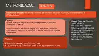METRONIDAZOL
Mecanismo de acción: Profármaco inhibidor de la síntesis de ácidos nucleicos, desestabilizando el
ADN bacteriano.
Espectro:
Gram + anaerobias: Peptococcus, Peptoestreptococcus, Clostridium
perfringens, C. difficile.
Gram – anaerobias: Bacteroides fragilis, otras especies de bacteroides,
fusobacterium. Protozoos: E. histolytica, G. lamblia, Trichomonas vaginalis,
Gardenerella.
FDA B
Efectos Adversos: Náuseas,
Sabor metálico
Desagradable, Anorexia,
Náuseas, dispepsia, Diarrea,
Cefalea, Mareos, Erupciones
dérmicas, Glositis,
Estomatitis, Tromboflebitis,
Convulsiones, neuropatía,
Neutropenia.Posologia:
 Giardiasis: 500 mg 2 veces/día, 7-10 días
 Tricomoniasis: 2 g como dosis única ó 200 mg 3 veces/día, 7 días
 