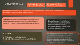 VANCOMICINA FDA B: VO. FDA C: EV.
Mecanismo de acción: Inhiben la síntesis del mucopéptido de la pared celular, uniéndose a la
terminación D-ALA-D-ALA del peptidoglicano.
Espectro: Es activa solo contra bacterias gram positivas,
está indicada en la infección por S. aureus meticilino
resistente y contra S. epidermidis, algunos enterococos.
Efectos Adversos: Flebitis, fiebre,
exantema, naúseas, ototoxicidad,
nefrotoxicidad, neutropenia,
eosinofilia, reacción anafilactoide,
sindrome del cuello rojo.
POSOLOGIA:
 EV: 1g i.v. o 15 mg/kg i.v. c/12hrs
 VO: 125-500 mg cada 6 horas durante 7-10 dias
Sólo se deberá administrar vancomicina a mujeres
embarazadas cuando sea claramente necesario.
Aunque se encontró vancomicina en la sangre
umbilical, no se observó pérdida neurosensorial
auditiva ni nefrotoxicidad atribuible a la vancomicina
en ninguno de los recién nacidos.
 