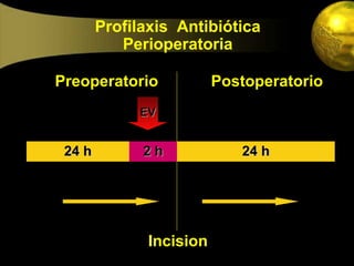 Profilaxis Antibiótica
           Perioperatoria

Preoperatorio             Postoperatorio
             EV


 24 h         2h             24 h




               Incision
 