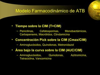 Modelo Farmacodinámico de ATB


• Tiempo sobre la CIM (T>CIM)
   – Penicilinas, Cefalosporinas,     Monobactámicos,
     Carbapenems, Macrólidos, Clindamicina
• Concentración Pick sobre la CIM (Cmax/CIM)
   – Aminoglucósidos, Quinolonas, Metronidazol
• Área bajo la curva sobre la CIM (AUC/CIM)
   – Aminoglucósidos,       Quinolonas,    Azitromicina,
     Tetraciclina, Vancomicina
 
