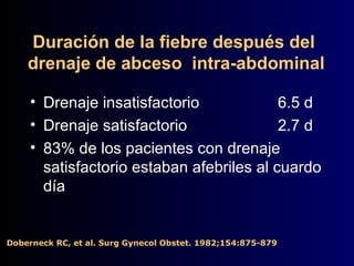 Duración de la fiebre después del  drenaje de abceso  intra-abdominal Drenaje insatisfactorio 6.5 d Drenaje satisfactorio  2.7 d 83% de los pacientes con drenaje satisfactorio estaban afebriles al cuardo día Doberneck RC, et al. Surg Gynecol Obstet. 1982;154:875-879   