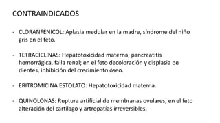 CONTRAINDICADOS
- CLORANFENICOL: Aplasia medular en la madre, síndrome del niño
gris en el feto.
- TETRACICLINAS: Hepatotoxicidad materna, pancreatitis
hemorrágica, falla renal; en el feto decoloración y displasia de
dientes, inhibición del crecimiento óseo.

- ERITROMICINA ESTOLATO: Hepatotoxicidad materna.
- QUINOLONAS: Ruptura artificial de membranas ovulares, en el feto
alteración del cartílago y artropatías irreversibles.

 