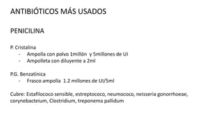 ANTIBIÓTICOS MÁS USADOS
PENICILINA
P. Cristalina
- Ampolla con polvo 1millón y 5millones de UI
- Ampolleta con diluyente a 2ml
P.G. Benzatínica
- Frasco ampolla 1.2 millones de UI/5ml
Cubre: Estafilococo sensible, estreptococo, neumococo, neisseria gonorrhoeae,
corynebacteium, Clostridium, treponema pallidum

 
