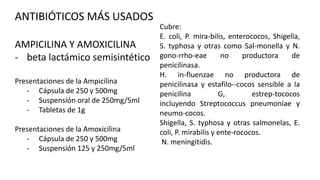 ANTIBIÓTICOS MÁS USADOS
AMPICILINA Y AMOXICILINA
- beta lactámico semisintético
Presentaciones de la Ampicilina
- Cápsula de 250 y 500mg
- Suspensión oral de 250mg/5ml
- Tabletas de 1g
Presentaciones de la Amoxicilina
- Cápsula de 250 y 500mg
- Suspensión 125 y 250mg/5ml

Cubre:
E. coli, P. mira-bilis, enterococos, Shigella,
S. typhosa y otras como Sal-monella y N.
gono-rrho-eae
no
productora
de
penicilinasa.
H. in-fluenzae no productora de
penicilinasa y estafilo--cocos sensible a la
penicilina
G,
estrep-tococos
incluyendo Streptococcus pneumoniae y
neumo-cocos.
Shigella, S. typhosa y otras salmonelas, E.
coli, P. mirabilis y ente-rococos.
N. meningitidis.

 