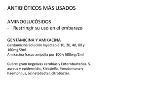 ANTIBIÓTICOS MÁS USADOS
AMINOGLUCÓSIDOS
- Restringir su uso en el embarazo
GENTAMICINA Y AMIKACINA
Gentamicina Solución Inyectable 10, 20, 40, 80 y
160mg/2ml
Amikacina frasco ampolla por 100 y 500mg/2ml
Cubre: gram negativas aerobias y Enterobacterias. S.
aureus y epidermidis, Klebsiella, Pseudomona y
haemphilus, acinetobacter, citrobacter.

 