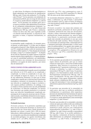 Aland Bisso Andrade

   g, cada 6 horas. En alérgicos a los beta-lactámicos se      Klebsiella spp (7%), otros gramnegativos como P.
   puede administrar una asociación de ciprofloxacino          aeruginosa y Proteus spp (20%), anaerobios 5%. Más del
   400 mg, cada 12 horas más amikacina 15 a 20 mg/kg,          90% de casos son de causa monomicrobiana.
   cada 24 horas30. En los pacientes con aislamiento de
                                                               Se recomienda administrar cefotaxima 2 g, cada 8 a 12
   enterobacterias BLEE, pero sin riesgo de infección por
                                                               horas, o ceftriaxona 2 g, cada 24 horas, o amoxicilina/
   P. aeruginosa, puede indicarse ertapenem 1 g, cada 24
                                                               ácido clavulánico 1g/0,2 g, cada 6 a 8 horas. En alérgicos
   horas31. En los pacientes con urosepsis grave por P.
                                                               a los beta-lactámicos puede ofrecerse ciprofloxacino 400
   aeruginosa resistente, debe administrarse la asociación
                                                               mg, cada 12 horas34.
   de un carbapenem antipseudomona (imipenem 1 g,
   cada 8 horas o meropenem 1 a 2 g, cada 8 horas) más         Peritonitis secundaria. Las causas más comunes son:
   ciprofloxacino 400 mg, cada 8 horas o amikacina.            apendicitis perforada, perforación de úlcera gástrica
   Utilizar las dosis más altas, pero reguladas acorde         o duodenal; perforación del colon por diverticulitis,
   a la función renal del paciente. La mayoría de estos        vólvulos o cáncer, incarceración del intestino delgado y
   pacientes se tratan, o requieren internamiento, en          perforación por trauma penetrante (vg. arma de fuego,
   UCI31.                                                      arma blanca). La pancreatitis necrotizante también
                                                               puede estar asociada con peritonitis en caso que ocurra
Duración del tratamiento                                       la infección del tejido necrótico. Menos frecuentes son
                                                               las ocasionadas por patología biliar, enfermedad pélvica
La pielonefritis aguda complicada y la urosepsis grave,
                                                               y iatrogenia (poscirugía, posendoscopía). La flora causal
en general, se tratan durante 7 a 14 días, pero en algunos
                                                               suele ser polimicrobiana y los agentes más aislados son:
casos puede ser hasta de 21 días. Debido a que los pacientes
                                                               bacterias gramnegativas (E. coli 71%, Klebsiella spp 14%,
con IVU complicada tienden a sufrir de recurrencias, los
                                                               P. aeruginosa 14%); grampositivos (Streptococcus spp
urocultivos deben repetirse 5 y 9 días después de terminada
                                                               38%, Enterococo spp 23%) y anaerobios (Bacteroides
la terapia, y luego 4 y 6 semanas después28-31. Si después
                                                               fragilis > 70%).
de tres días de tratamiento de amplio espectro el paciente
muestra mejoría clínica significativa, y el agente patógeno,
                                                               Regímenes recomendados33, 34
así como la sensibilidad antibiótica, son identificados,
puede intentarse una estrategia de desescalamiento             1. En los pacientes que proceden de la comunidad con
antibiótico a un agente de menor espectro y por menos             signos clínicos de peritonitis, pero que no reúnen
días de tratamiento25.                                            criterios de sepsis grave y aún no han recibido terapia
                                                                  antibiótica, debe ofrecerse la asociación de una
INFECCIONES INTRAABDOMINALES                                      cefalosporina de 3ª generación (ceftriaxona 2 g, cada
                                                                  24 horas, o cefotaxima 1 g, cada 6 a 8 horas) con
La infección intraabdominal (segunda causa de mortalidad
                                                                  metronidazol 500 mg EV, cada 8 horas. En pacientes
por infección en la UCI), puede ser no complicada y
                                                                  alérgicos a los beta-lactámicos puede asociarse una
complicada. La forma no complicada es la que solo
                                                                  fluoroquinolona (ciprofloxacino 400 mg, cada 12
está confinada al órgano de origen y no va más allá
                                                                  horas o levofloxacino 750 mg, cada 24 horas) más
de una inflamación intramural; en tanto que la forma
                                                                  metronidazol. Como agente antianaerobio, también
complicada es aquella que evoluciona hacia la peritonitis
                                                                  puede utilizarse clindamicina 600 mg, cada 8 horas
(secundaria o terciaria) o la formación de abscesos. En
                                                                  en lugar del metronidazol. Como monoterapia puede
una infección no complicada la cirugía es resolutiva y
                                                                  administrarse piperacilina/tazobactam 4g/0,5g, cada 8
solo requiere profilaxis antibiótica; sin embargo, si no
                                                                  horas.
es tratada en forma oportuna tiene una alta probabilidad
de evolucionar a la infección complicada. Los factores         2. En pacientes que proceden de la comunidad sin
más frecuentes que pueden pronosticar la evolución                sepsis grave, pero que ya recibieron antibióticos
hacia una infección intraabdominal complicada son:                (cefaloporinas y/o quinolonas), debe sospecharse
postergación de la operación inicial por más de 24 horas,         presencia de enterobacterias beta-lactamasa de espectro
edad avanzada, comorbilidad, disfunción de otros órganos,         extendido (BLEE). Si no hay riesgo de infección por
hipoalbuminemia, malnutrición e inmunodepresión en                P. aeruginosa, puede administrarse como monoterapia
general32, 33.                                                    ertapenem 1 g, cada 24 horas35.
                                                               3. Pacientes que proceden de la comunidad y presentan
Peritonitis bacteriana
                                                                  criterios de sepsis grave deben recibir una combinación
Peritonitis primaria. Es la peritonitis espontánea que            antibiótica de amplio espectro. Si aún no recibió
deriva de una traslocación bacteriana en ausencia de la           antibióticos puede ofrecerse una cefalosporina
perforación de una víscera hueca. Puede presentarse en            antipseudomona (ceftazidima 2 g, cada 8 horas o
pacientes con cirrosis y ascitis (10% a 30% de casos),            cefepima 2 g, cada 8 horas) asociado a metronidazol
tuberculosis y diálisis peritoneal. Por su origen y manejo,       500 mg, cada 8 horas. Si ya recibió antibióticos y
no corresponde a una infección intraabdominal complicada          hay sospecha, o aislamiento, de bacterias resistentes,
de necesidad quirúrgica. Los agentes microbianos más              debe administrarse un carbapenem antipseudomona,
aislados son E. coli (40%), Streptococcus spp (30%),              (imipenem 1 g, cada 8 horas, o meropenem 1 g,

Acta Med Per 28(1) 2011                                                                                               31
 