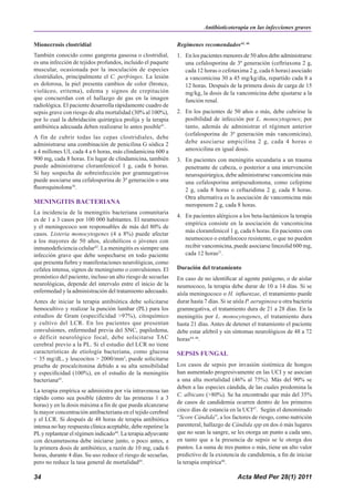 Antibioticoterapia en las infecciones graves

Mionecrosis clostridial                                         Regímenes recomendados44, 46
También conocido como gangrena gaseosa o clostridial,           1. En los pacientes menores de 50 años debe administrarse
es una infección de tejidos profundos, incluido el paquete         una cefalosporina de 3ª generación (ceftriaxona 2 g,
muscular, ocasionada por la inoculación de especies                cada 12 horas o cefotaxima 2 g, cada 6 horas) asociado
clostridiales, principalmente el C. perfringes. La lesión          a vancomicina 30 a 45 mg/kg/día, repartido cada 8 a
es dolorosa, la piel presenta cambios de color (bronce,            12 horas. Después de la primera dosis de carga de 15
violáceo, eritema), edema y signos de crepitación                  mg/kg, la dosis de la vancomicina debe ajustarse a la
que concuerdan con el hallazgo de gas en la imagen                 función renal.
radiológica. El paciente desarrolla rápidamente cuadro de
sepsis grave con riesgo de alta mortalidad (30% al 100%),       2. En los pacientes de 50 años o más, debe cubrirse la
por lo cual la debridación quirúrgica prolija y la terapia         posibilidad de infección por L. monocytogenes; por
antibiótica adecuada deben realizarse lo antes posible41.          tanto, además de administrar el régimen anterior
                                                                   (cefalosporina de 3ª generación más vancomicina),
A fin de cubrir todas las cepas clostridiales, debe
administrarse una combinación de penicilina G sódica 2             debe asociarse ampicilina 2 g, cada 4 horas o
a 4 millones UI, cada 4 a 6 horas, más clindamicina 600 a          amoxicilina en igual dosis.
900 mg, cada 8 horas. En lugar de clindamicina, también         3. En pacientes con meningitis secundaria a un trauma
puede administrarse cloramfenicol 1 g, cada 6 horas.               penetrante de cabeza, o posterior a una intervención
Si hay sospecha de sobreinfección por gramnegativos                neuroquirúrgica, debe administrarse vancomicina más
puede asociarse una cefalosporina de 3ª generación o una           una cefalosporina antipseudomona, como cefepime
fluoroquinolona38.                                                 2 g, cada 8 horas o ceftazidima 2 g, cada 8 horas.
                                                                   Otra alternativa es la asociación de vancomicina más
MENINGITIS BACTERIANA                                              meropenem 2 g, cada 8 horas.
La incidencia de la meningitis bacteriana comunitaria
                                                                4. En pacientes alérgicos a los beta-lactámicos la terapia
es de 1 a 3 casos por 100 000 habitantes. El neumococo
                                                                   empírica consiste en la asociación de vancomicina
y el meningococo son responsables de más del 80% de
                                                                   más cloramfenicol 1 g, cada 6 horas. En pacientes con
casos. Listeria monocytogenes (4 a 8%) puede afectar
a los mayores de 50 años, alcohólicos o jóvenes con                neumococo o estafilococo resistente, o que no pueden
inmunodeficiencia celular42. La meningitis es siempre una          recibir vancomicina, puede asociarse linezolid 600 mg,
infección grave que debe sospecharse en todo paciente              cada 12 horas21.
que presenta fiebre y manifestaciones neurológicas, como
cefalea intensa, signos de meningismo o convulsiones. El        Duración del tratamiento
pronóstico del paciente, incluso un alto riesgo de secuelas     En caso de no identificar al agente patógeno, o de aislar
neurológicas, depende del intervalo entre el inicio de la       neumococo, la terapia debe durar de 10 a 14 días. Si se
enfermedad y la administración del tratamiento adecuado.        aísla meningococo o H. influenzae, el tratamiento puede
Antes de iniciar la terapia antibiótica debe solicitarse        durar hasta 7 días. Si se aísla P. aeruginosa u otra bacteria
hemocultivo y realizar la punción lumbar (PL) para los          gramnegativa, el tratamiento dura de 21 a 28 días. En la
estudios de Gram (especificidad >97%), citoquímico              meningitis por L. monocytogenes, el tratamiento dura
y cultivo del LCR. En los pacientes que presentan               hasta 21 días. Antes de detener el tratamiento el paciente
convulsiones, enfermedad previa del SNC, papiledema,            debe estar afebril y sin síntomas neurológicos de 48 a 72
o déficit neurológico focal, debe solicitarse TAC               horas44, 46.
cerebral previo a la PL. Si el estudio del LCR no tiene
características de etiología bacteriana, como glucosa           SEPSIS FUNGAL
< 35 mg/dL, y leucocitos > 2000/mm3, puede solicitarse
prueba de procalcitonina debido a su alta sensibilidad          Los casos de sepsis por invasión sistémica de hongos
y especificidad (100%), en el estudio de la meningitis          han aumentado progresivamente en las UCI y se asocian
bacteriana43.                                                   a una alta mortalidad (46% al 75%). Más del 90% se
                                                                deben a las especies cándida, de las cuales predomina la
La terapia empírica se administra por vía intravenosa tan
                                                                C. albicans (>80%). Se ha encontrado que más del 35%
rápido como sea posible (dentro de las primeras 1 a 3
horas) y en la dosis máxima a fin de que pueda alcanzarse       de casos de candidemia ocurren dentro de los primeros
la mayor concentración antibacteriana en el tejido cerebral     cinco días de estancia en la UCI47. Según el denominado
y el LCR. Si después de 48 horas de terapia antibiótica         “Score Cándida”, a los factores de riesgo, como nutrición
intensa no hay respuesta clínica aceptable, debe repetirse la   parenteral, hallazgo de Cándida spp en dos ó más lugares
PL y replantear el régimen indicado44. La terapia adyuvante     que no sean la sangre, se les otorga un punto a cada uno,
con dexametasona debe iniciarse junto, o poco antes, a          en tanto que a la presencia de sepsis se le otorga dos
la primera dosis de antibiótico, a razón de 10 mg, cada 6       puntos. La suma de tres puntos o más, tiene un alto valor
horas, durante 4 días. Su uso reduce el riesgo de secuelas,     predictivo de la existencia de candidemia, a fin de iniciar
pero no reduce la tasa general de mortalidad45.                 la terapia empírica48.

34                                                                                         Acta Med Per 28(1) 2011
 