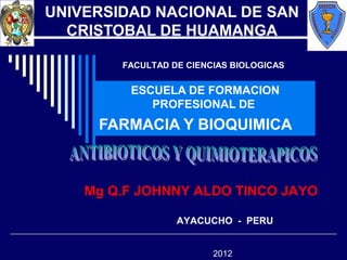 UNIVERSIDAD NACIONAL DE SAN 
CRISTOBAL DE HUAMANGA 
FACULTAD DE CIENCIAS BIOLOGICAS 
ESCUELA DE FORMACION 
PROFESIONAL DE 
FARMACIA Y BIOQUIMICA 
Mg Q.F JOHNNY ALDO TINCO JAYO 
AYACUCHO - PERU 
2012 
 