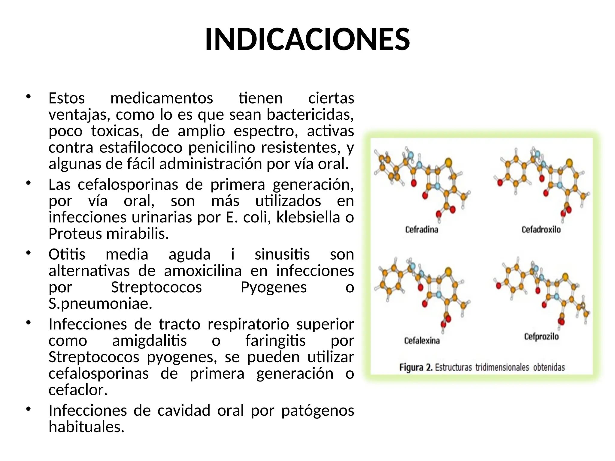INDICACIONES
• Estos medicamentos tienen ciertas
ventajas, como lo es que sean bactericidas,
poco toxicas, de amplio espectro, activas
contra estafilococo penicilino resistentes, y
algunas de fácil administración por vía oral.
• Las cefalosporinas de primera generación,
por vía oral, son más utilizados en
infecciones urinarias por E. coli, klebsiella o
Proteus mirabilis.
• Otitis media aguda i sinusitis son
alternativas de amoxicilina en infecciones
por Streptococos Pyogenes o
S.pneumoniae.
• Infecciones de tracto respiratorio superior
como amigdalitis o faringitis por
Streptococos pyogenes, se pueden utilizar
cefalosporinas de primera generación o
cefaclor.
• Infecciones de cavidad oral por patógenos
habituales.
 