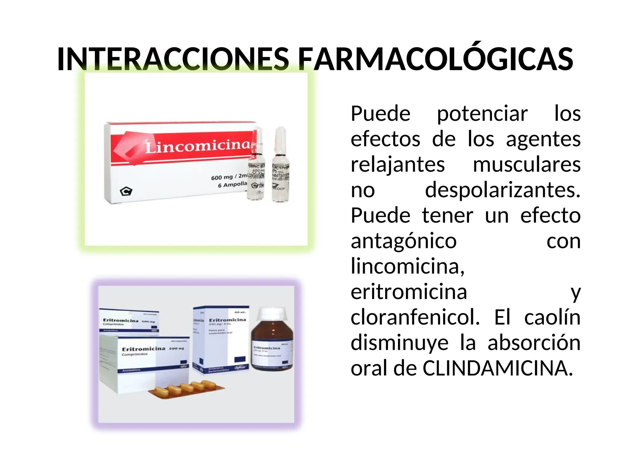 INTERACCIONES FARMACOLÓGICAS
Puede potenciar los
efectos de los agentes
relajantes musculares
no despolarizantes.
Puede tener un efecto
antagónico con
lincomicina,
eritromicina y
cloranfenicol. El caolín
disminuye la absorción
oral de CLINDAMICINA.
 