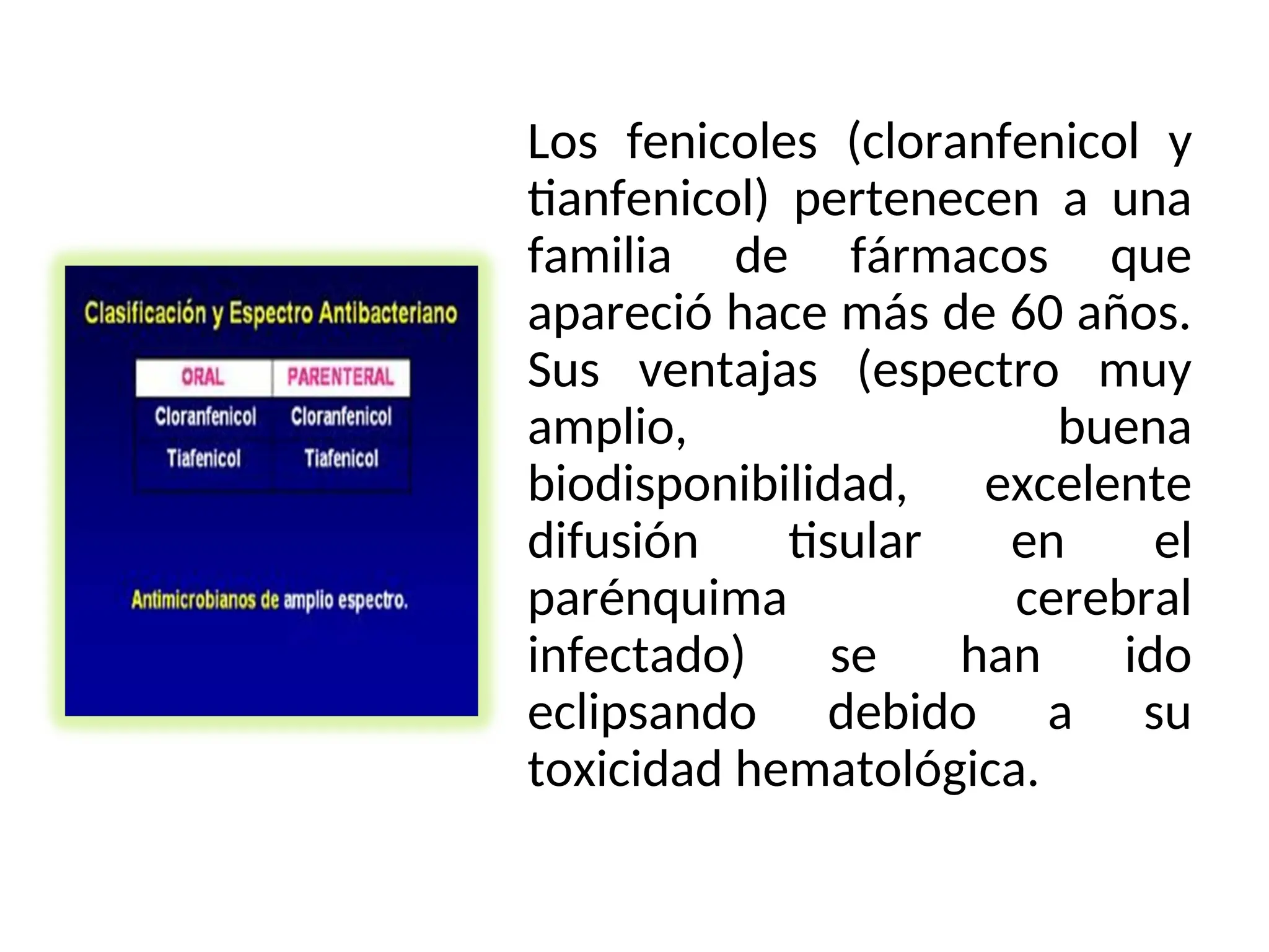 Los fenicoles (cloranfenicol y
tianfenicol) pertenecen a una
familia de fármacos que
apareció hace más de 60 años.
Sus ventajas (espectro muy
amplio, buena
biodisponibilidad, excelente
difusión tisular en el
parénquima cerebral
infectado) se han ido
eclipsando debido a su
toxicidad hematológica.
 