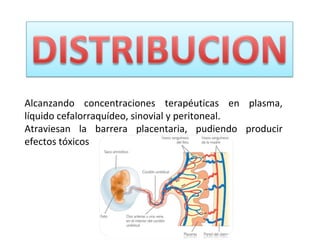 Alcanzando concentraciones terapéuticas en plasma,
líquido cefalorraquídeo, sinovial y peritoneal.
Atraviesan la barrera placentaria, pudiendo producir
efectos tóxicos
 
