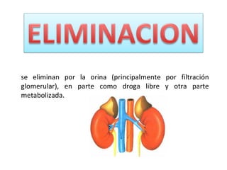 se eliminan por la orina (principalmente por filtración
glomerular), en parte como droga libre y otra parte
metabolizada.
 
