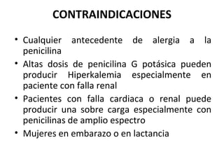 CONTRAINDICACIONES
• Cualquier antecedente de alergia a la
  penicilina
• Altas dosis de penicilina G potásica pueden
  producir Hiperkalemia especialmente en
  paciente con falla renal
• Pacientes con falla cardiaca o renal puede
  producir una sobre carga especialmente con
  penicilinas de amplio espectro
• Mujeres en embarazo o en lactancia
 