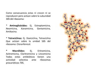 Como consecuencia estas ni crecen ni se
reproducen pero actúan sobre la subunidad
30S del ribosoma:

* Aminoglicósidos: Ej. Estreptomicina,
Neomicina, Kanamicina, Gentamicina,
Amikacina.

* Tetraciclinas: Ej. Doxiciclina, Tetraciclina
Que actúan sobre la unidad 50S del
ribosoma: Cloranfenicol.

*      Macrólidos:     Ej.    Eritromicina,
Azitromicina, Claritromicina y Lincomicina
Todos estos antibióticos tienen una
actividad    selectiva   ante    ribosomas
procarióticos 70S.
 