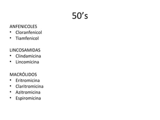 50’s
ANFENICOLES
• Cloranfenicol
• Tiamfenicol

LINCOSAMIDAS
• Clindamicina
• Lincomicina

MACRÓLIDOS
• Eritromicina
• Claritromicina
• Azitromicina
• Espiromicina
 