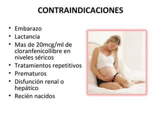 CONTRAINDICACIONES
• Embarazo
• Lactancia
• Mas de 20mcg/ml de
  cloranfenicollibre en
  niveles séricos
• Tratamientos repetitivos
• Prematuros
• Disfunción renal o
  hepático
• Recién nacidos
 