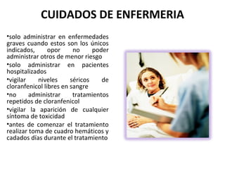 CUIDADOS DE ENFERMERIA
•solo administrar en enfermedades
graves cuando estos son los únicos
indicados,      opor     no     poder
administrar otros de menor riesgo
•solo administrar en pacientes
hospitalizados
•vigilar    niveles     séricos    de
cloranfenicol libres en sangre
•no      administrar     tratamientos
repetidos de cloranfenicol
•vigilar la aparición de cualquier
síntoma de toxicidad
•antes de comenzar el tratamiento
realizar toma de cuadro hemáticos y
cadados días durante el tratamiento
 