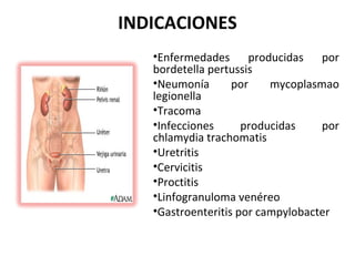 INDICACIONES
   •Enfermedades producidas por
   bordetella pertussis
   •Neumonía       por    mycoplasmao
   legionella
   •Tracoma
   •Infecciones      producidas    por
   chlamydia trachomatis
   •Uretritis
   •Cervicitis
   •Proctitis
   •Linfogranuloma venéreo
   •Gastroenteritis por campylobacter
 