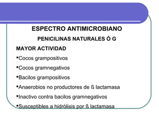 ESPECTRO ANTIMICROBIANO
PENICILINAS NATURALES Ò G
MAYOR ACTIVIDAD
Cocos grampositivos
Cocos gramnegativos
Bacilos grampositivos
Anaerobios no productores de ß lactamasa
Inactivo contra bacilos gramnegativos
Susceptibles a hidròlisis por ß lactamasa
 