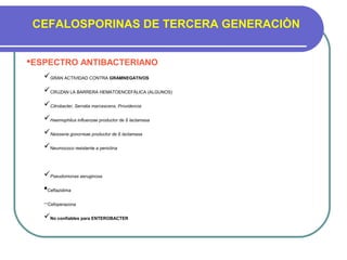 CEFALOSPORINAS DE TERCERA GENERACIÒN
ESPECTRO ANTIBACTERIANO
GRAN ACTIVIDAD CONTRA GRAMNEGATIVOS
CRUZAN LA BARRERA HEMATOENCEFÀLICA (ALGUNOS)
Citrobacter, Serratia marcescens, Providencia
Haemophilus influenzae productor de ß lactamasa
Neisseria gonorreae productor de ß lactamasa
Neumococo resistente a peniclina
Pseudomonas aeruginosa
Ceftazidima
–Cefoperazona
No confiables para ENTEROBACTER
 