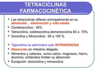 TETRACICLINAS
FARMACOCINÈTICA
 Las tetraciclinas difieren principalmente en su
absorción , eliminación y vida media
 Clortetraciclina : 30%
 Tetraciclina, oxitetraciclina,demeclociclina 60 a 70%
 Doxicilina y Minociclina : 95 a 100 %
 Tigeciclina se administra solo INTRAVENOSA
 Absorción en intestino delgado
 Alimentos y cationes como calcio, magnesio, hierro,
aluminio, antiàcidos limitan su absorción
 Excepción :doxiciclina y minociclina
 