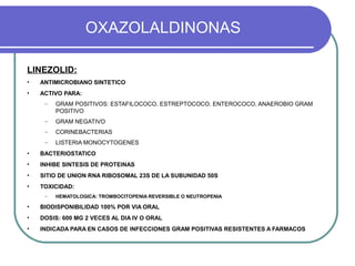 OXAZOLALDINONAS
LINEZOLID:
• ANTIMICROBIANO SINTETICO
• ACTIVO PARA:
– GRAM POSITIVOS: ESTAFILOCOCO, ESTREPTOCOCO, ENTEROCOCO, ANAEROBIO GRAM
POSITIVO
– GRAM NEGATIVO
– CORINEBACTERIAS
– LISTERIA MONOCYTOGENES
• BACTERIOSTATICO
• INHIBE SINTESIS DE PROTEINAS
• SITIO DE UNION RNA RIBOSOMAL 23S DE LA SUBUNIDAD 50S
• TOXICIDAD:
– HEMATOLOGICA: TROMBOCITOPENIA REVERSIBLE O NEUTROPENIA
• BIODISPONIBILIDAD 100% POR VIA ORAL
• DOSIS: 600 MG 2 VECES AL DIA IV O ORAL
• INDICADA PARA EN CASOS DE INFECCIONES GRAM POSITIVAS RESISTENTES A FARMACOS
 