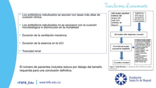 #FSFB_Edu www.fsfb.edu.co
• Los antibióticos nebulizados se asocian con tasas más altas de
curación clínica
• Los antibióticos nebulizados no se asociaron con la curación
microbiológica ni disminución en la mortalidad
• Duración de la ventilación mecánica
• Duración de la estancia en la UCI
• Toxicidad renal
El número de pacientes incluidos estuvo por debajo del tamaño
requerida para una conclusión definitiva.
 