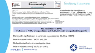 #FSFB_Edu www.fsfb.edu.co
693 pacientes con EPOC
(74,1 años; el 71,7%, bronquiectasias y el 46,6%, infección bronquial crónica por PA)
Disminución significativa en el número de exacerbaciones -33,3%; p <0,001),
Días de hospitalización: - 33,3%; p <0,001
Reducción significativa en expectoración diaria
Días de hospitalización (- 26,2%; p = 0,003).
Colistimetato de sodio (82,5%),
tobramicina (15,3%), ceftazidima (1,6%),
gentamicina (0,4%) o amikacina (0,1%)
 