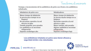 #FSFB_Edu www.fsfb.edu.co
Los antibióticos inhalados en polvo seco tienen eficacia y
seguridad similar a las nebulizadas.
L. Máiz Carro, M. Blanco-Aparicio / Open Respir Arch. 2020;2(3):251–264
 