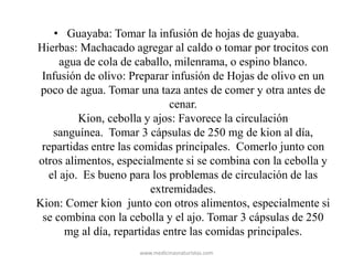 • Guayaba: Tomar la infusión de hojas de guayaba.
Hierbas: Machacado agregar al caldo o tomar por trocitos con
agua de cola de caballo, milenrama, o espino blanco.
Infusión de olivo: Preparar infusión de Hojas de olivo en un
poco de agua. Tomar una taza antes de comer y otra antes de
cenar.
Kion, cebolla y ajos: Favorece la circulación
sanguínea. Tomar 3 cápsulas de 250 mg de kion al día,
repartidas entre las comidas principales. Comerlo junto con
otros alimentos, especialmente si se combina con la cebolla y
el ajo. Es bueno para los problemas de circulación de las
extremidades.
Kion: Comer kion junto con otros alimentos, especialmente si
se combina con la cebolla y el ajo. Tomar 3 cápsulas de 250
mg al día, repartidas entre las comidas principales.
www.medicinasnaturistas.com
 