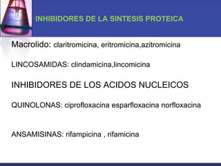 INHIBIDORES DE LA SINTESIS PROTEICA


Macrolido: claritromicina, eritromicina,azitromicina

LINCOSAMIDAS: clindamicina,lincomicina

INHIBIDORES DE LOS ACIDOS NUCLEICOS

QUINOLONAS: ciprofloxacina esparfloxacina norfloxacina


ANSAMISINAS: rifampicina , rifamicina
 