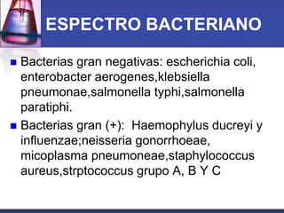 ESPECTRO BACTERIANO

 Bacterias gran negativas: escherichia coli,
  enterobacter aerogenes,klebsiella
  pneumonae,salmonella typhi,salmonella
  paratiphi.
 Bacterias gran (+): Haemophylus ducreyi y
  influenzae;neisseria gonorrhoeae,
  micoplasma pneumoneae,staphylococcus
  aureus,strptococcus grupo A, B Y C
 