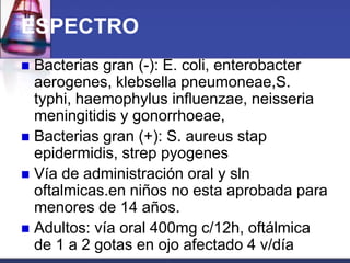 ESPECTRO
 Bacterias gran (-): E. coli, enterobacter
  aerogenes, klebsella pneumoneae,S.
  typhi, haemophylus influenzae, neisseria
  meningitidis y gonorrhoeae,
 Bacterias gran (+): S. aureus stap
  epidermidis, strep pyogenes
 Vía de administración oral y sln
  oftalmicas.en niños no esta aprobada para
  menores de 14 años.
 Adultos: vía oral 400mg c/12h, oftálmica
  de 1 a 2 gotas en ojo afectado 4 v/día
 