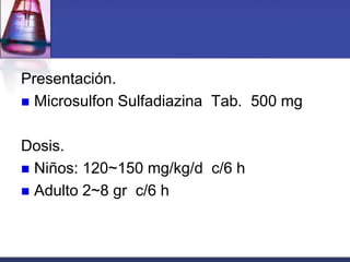 Presentación.
 Microsulfon Sulfadiazina Tab. 500 mg


Dosis.
 Niños: 120~150 mg/kg/d c/6 h
 Adulto 2~8 gr c/6 h
 