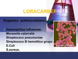 LORACARBEF
Espectro antimicrobiano:

 Haemophilus influenzae.
 Moraxella catarralis
 Streptococo pneumoniae
 Streptococo B hemolitico grupo A
 E.Coli                           Haemophilus influenzae.

 S.aureus.
 