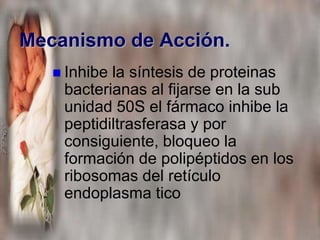 Mecanismo de Acción.
    Inhibela síntesis de proteinas
    bacterianas al fijarse en la sub
    unidad 50S el fármaco inhibe la
    peptidiltrasferasa y por
    consiguiente, bloqueo la
    formación de polipéptidos en los
    ribosomas del retículo
    endoplasma tico
 