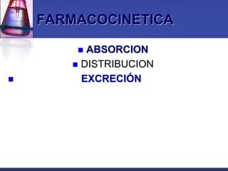 FARMACOCINETICA

         ABSORCION
        DISTRIBUCION
        EXCRECIÓN
 