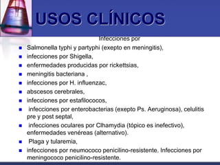USOS CLÍNICOS
                               Infecciones por
   Salmonella typhi y partyphi (exepto en meningitis),
   infecciones por Shigella,
   enfermedades producidas por rickettsias,
   meningitis bacteriana ,
   infecciones por H. influenzac,
   abscesos cerebrales,
   infecciones por estafilococos,
    infecciones por enterobacterias (exepto Ps. Aeruginosa), celulitis
    pre y post septal,
    infecciones oculares por Clhamydia (tópico es inefectivo),
    enfermedades venéreas (alternativo).
    Plaga y tularemia,
   infecciones por neumococo penicilino-resistente. Infecciones por
    meningococo penicilino-resistente.
 