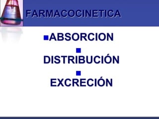 FARMACOCINETICA

  ABSORCION
       
  DISTRIBUCIÓN
       
   EXCRECIÓN
 