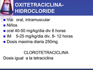 OXITETRACICLINA-
      HIDROCLORIDE
 Via: oral, intramuscular
 Niños
 oral 40-50 mg/kg/dia div 6 horas
 IM 5-25 mg/kg/dia div. 8- 12 horas
 Dosis maxima diaria 250mg


           CLOROTETRACICLINA
Dosis igual a la tetraciclina
 