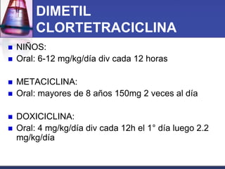 DIMETIL
         CLORTETRACICLINA
   NIÑOS:
   Oral: 6-12 mg/kg/día div cada 12 horas

   METACICLINA:
   Oral: mayores de 8 años 150mg 2 veces al día

   DOXICICLINA:
   Oral: 4 mg/kg/día div cada 12h el 1° día luego 2.2
    mg/kg/día
 