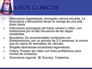 USOS CLINICOS
1.   Infecciones respiratorias, bronquitis crónica sinusitis. La
     Doxiciclina y Minociclina tienen la ventaja de una sola
     dosis diaria.
2.   Infecciones quirúrgicas del tracto urinario y biliar, con
     limitaciones por la alta frecuencia de las cepas
     resistentes.
3.   Brucelosis. Es recomendable combinarla con
     Estreptomicina, por un periodo de 2-3 semanas; lo mismo
     que en casos de reemplazo de válvulas.
4.   Shigella desinteriae-nocardiasis legionelosis.
5.   Cólera. Pueden ser útiles con fines profilácticos para
     control de contactos.
6.   Granuloma inguinal (B. Ducrey), Tularemia.
 