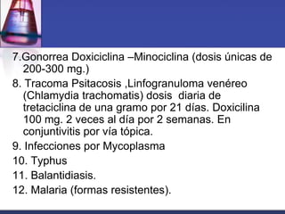 7.Gonorrea Doxiciclina –Minociclina (dosis únicas de
  200-300 mg.)
8. Tracoma Psitacosis ,Linfogranuloma venéreo
  (Chlamydia trachomatis) dosis diaria de
  tretaciclina de una gramo por 21 días. Doxicilina
  100 mg. 2 veces al día por 2 semanas. En
  conjuntivitis por vía tópica.
9. Infecciones por Mycoplasma
10. Typhus
11. Balantidiasis.
12. Malaria (formas resistentes).
 