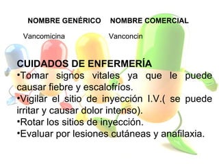 NOMBRE GENÉRICO NOMBRE COMERCIAL
Vancomicina Vanconcin
CUIDADOS DE ENFERMERÍA
•Tomar signos vitales ya que le puede
causar fiebre y escalofríos.
•Vigilar el sitio de inyección I.V.( se puede
irritar y causar dolor intenso).
•Rotar los sitios de inyección.
•Evaluar por lesiones cutáneas y anafilaxia.
 