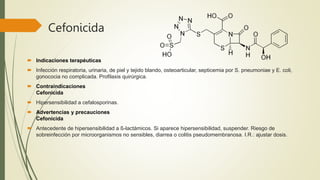 Cefonicida
 Indicaciones terapéuticas
 Infección respiratoria, urinaria, de piel y tejido blando, osteoarticular, septicemia por S. pneumoniae y E. coli,
gonococia no complicada. Profilaxis quirúrgica.
 Contraindicaciones
Cefonicida
 Hipersensibilidad a cefalosporinas.
 Advertencias y precauciones
Cefonicida
 Antecedente de hipersensibilidad a ß-lactámicos. Si aparece hipersensibilidad, suspender. Riesgo de
sobreinfección por microorganismos no sensibles, diarrea o colitis pseudomembranosa. I.R.: ajustar dosis.
 