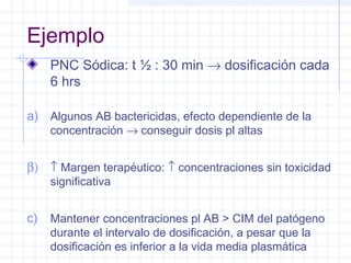 Ejemplo
PNC Sódica: t ½ : 30 min → dosificación cada
6 hrs
a) Algunos AB bactericidas, efecto dependiente de la
concentración → conseguir dosis pl altas
β) ↑ Margen terapéutico: ↑ concentraciones sin toxicidad
significativa
c) Mantener concentraciones pl AB > CIM del patógeno
durante el intervalo de dosificación, a pesar que la
dosificación es inferior a la vida media plasmática
 
