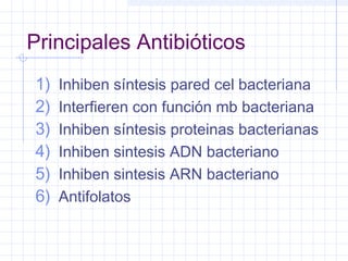Principales Antibióticos
1) Inhiben síntesis pared cel bacteriana
2) Interfieren con función mb bacteriana
3) Inhiben síntesis proteinas bacterianas
4) Inhiben sintesis ADN bacteriano
5) Inhiben sintesis ARN bacteriano
6) Antifolatos
 