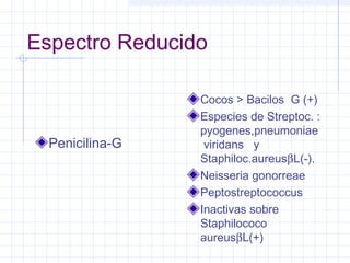 Espectro Reducido
Penicilina-G
Cocos > Bacilos G (+)
Especies de Streptoc. :
pyogenes,pneumoniae
viridans y
Staphiloc.aureusβL(-).
Neisseria gonorreae
Peptostreptococcus
Inactivas sobre
Staphilococo
aureusβL(+)
 